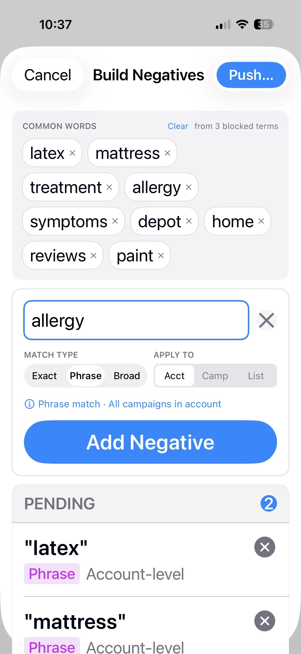 Keywords iPhone app: building negative keywords on mobile
