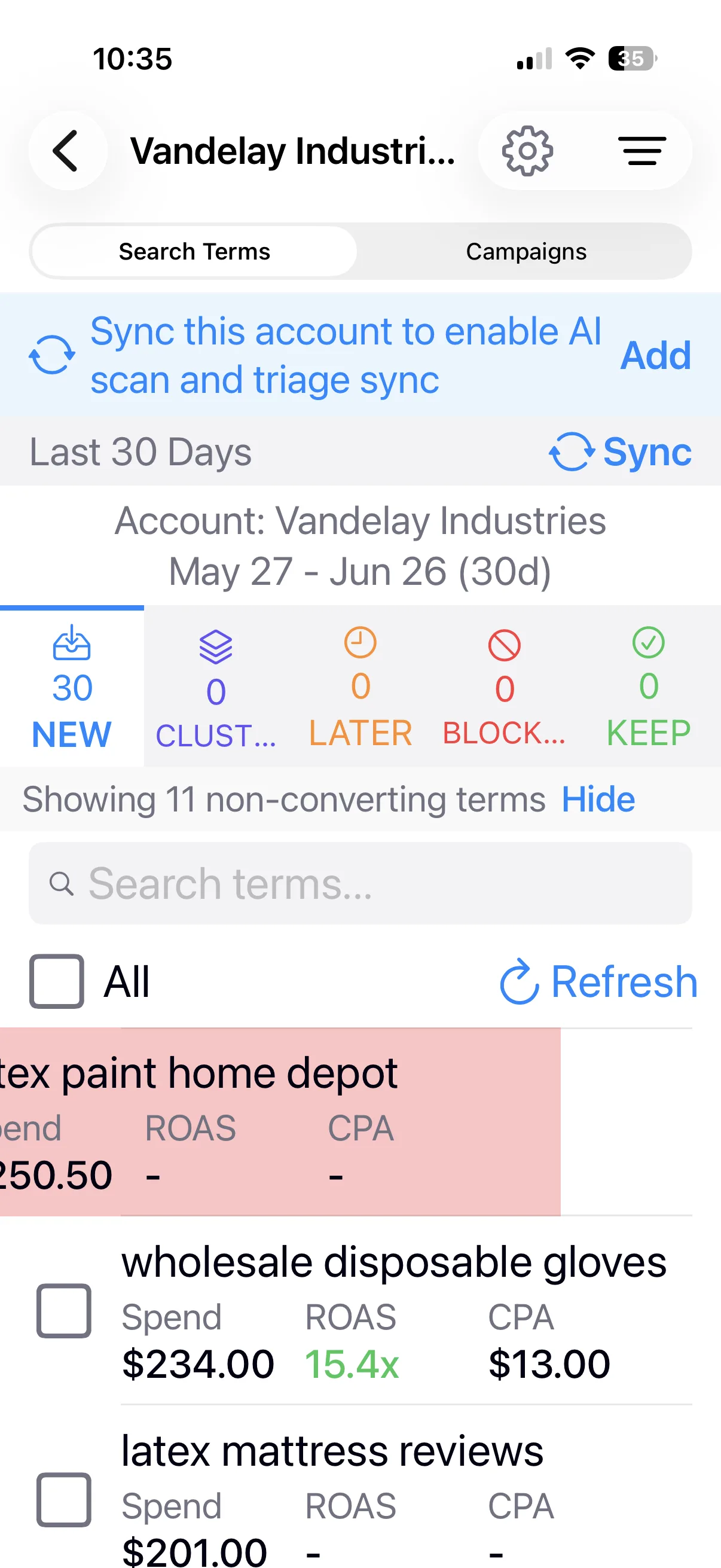Keywords iPhone app: swipe to keep or block search terms