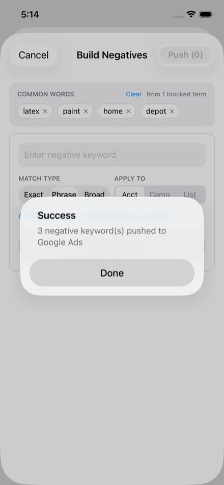 Push negatives to Google Ads