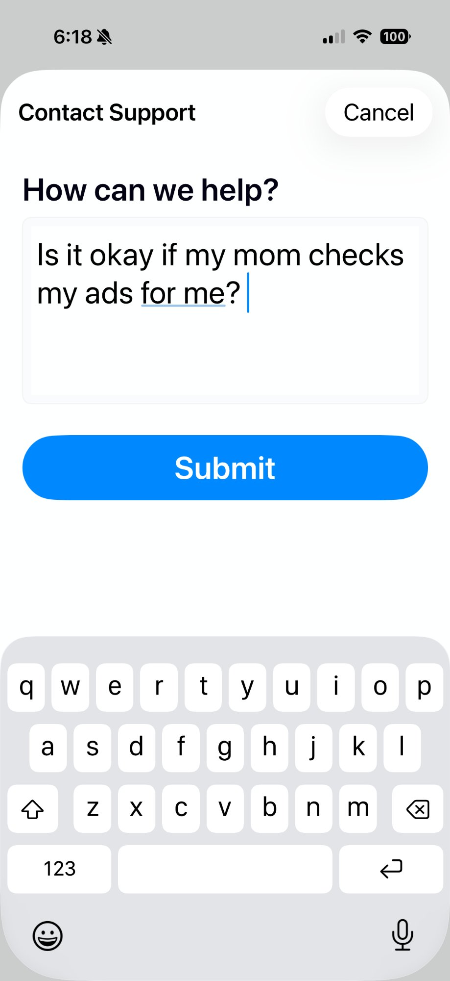 In-app support form