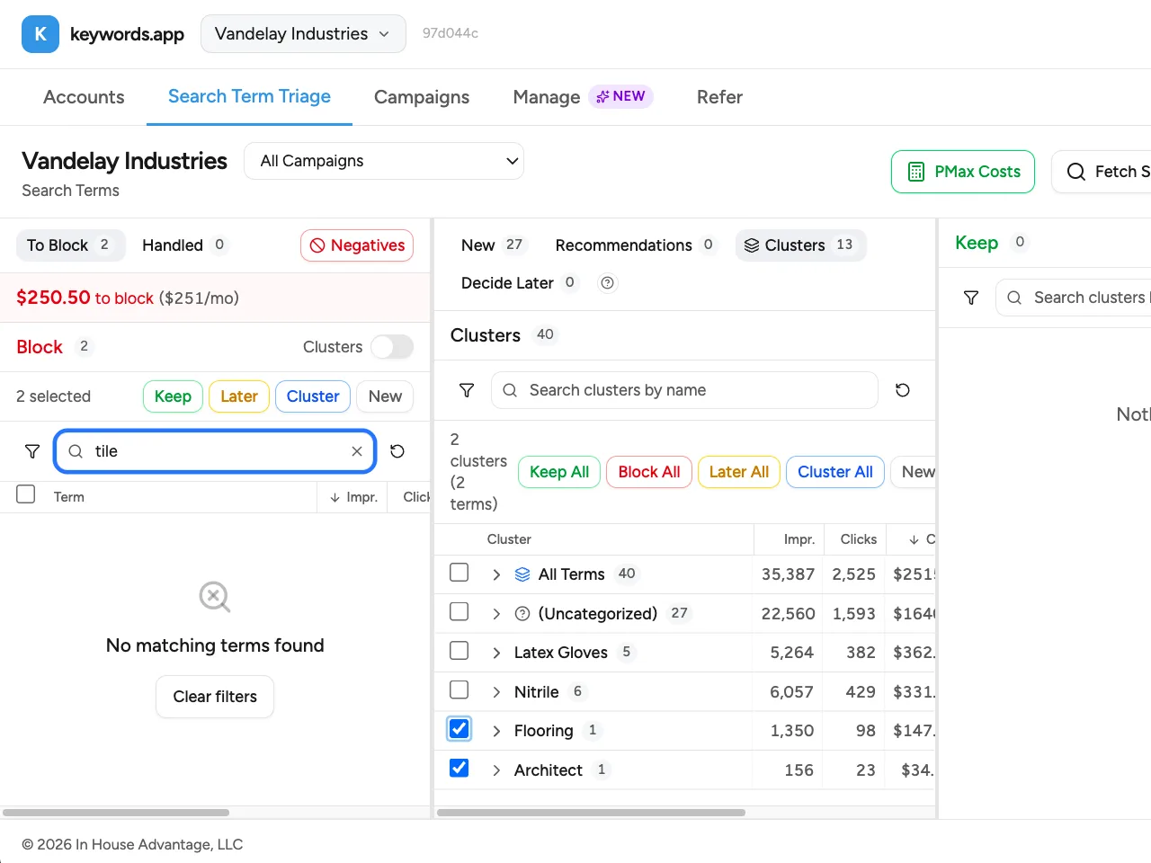 Search terms grouped into AI clusters and scored for fast keep-or-block triage