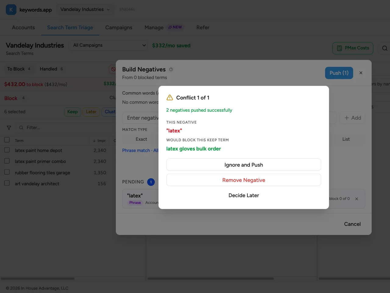 The negative keyword engine's suggested negatives, with conflict checks against kept terms and bid keywords