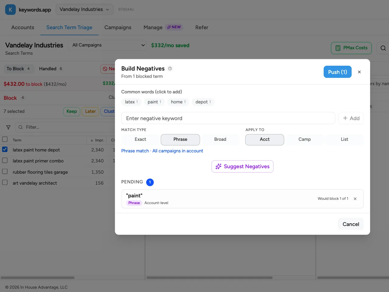 Pushing negative keywords to Google Ads at account, campaign, or ad-group level
