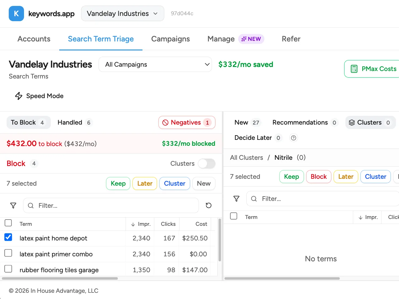 Live estimated savings updating as search terms are triaged